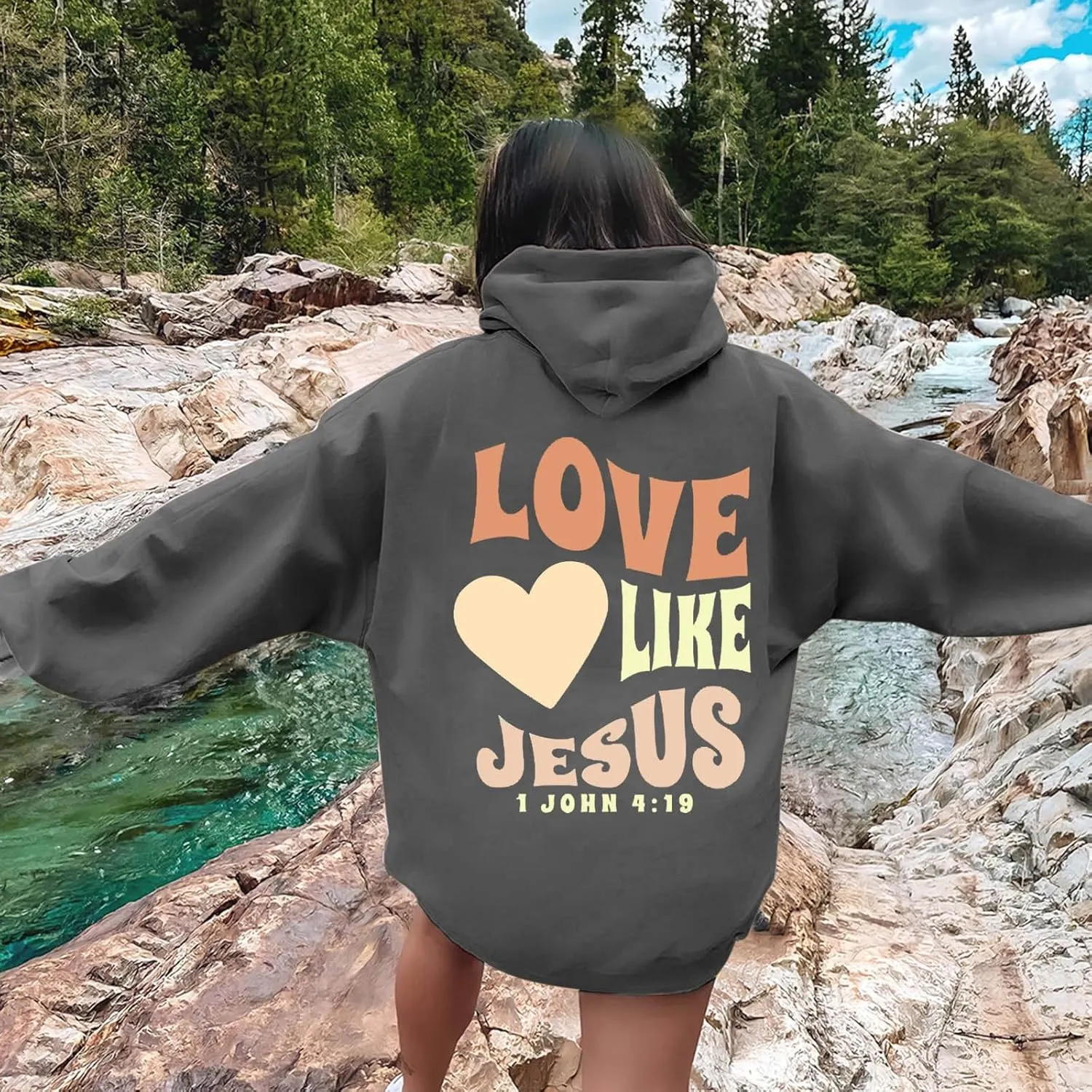 Christian Hoodies for Women Bible Verse Jesus Loves You Letter Graphic Oversized Long Sleeve Pockets Drawstring Sweatshirts