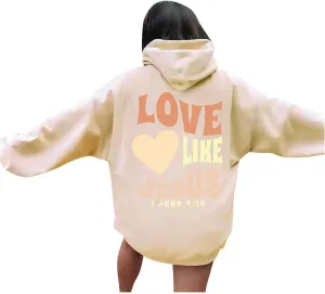 Christian Hoodies for Women Bible Verse Jesus Loves You Letter Graphic Oversized Long Sleeve Pockets Drawstring Sweatshirts