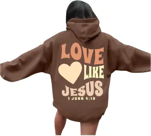 Christian Hoodies for Women Bible Verse Jesus Loves You Letter Graphic Oversized Long Sleeve Pockets Drawstring Sweatshirts