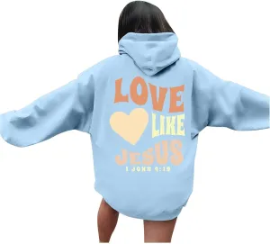 Christian Hoodies for Women Bible Verse Jesus Loves You Letter Graphic Oversized Long Sleeve Pockets Drawstring Sweatshirts