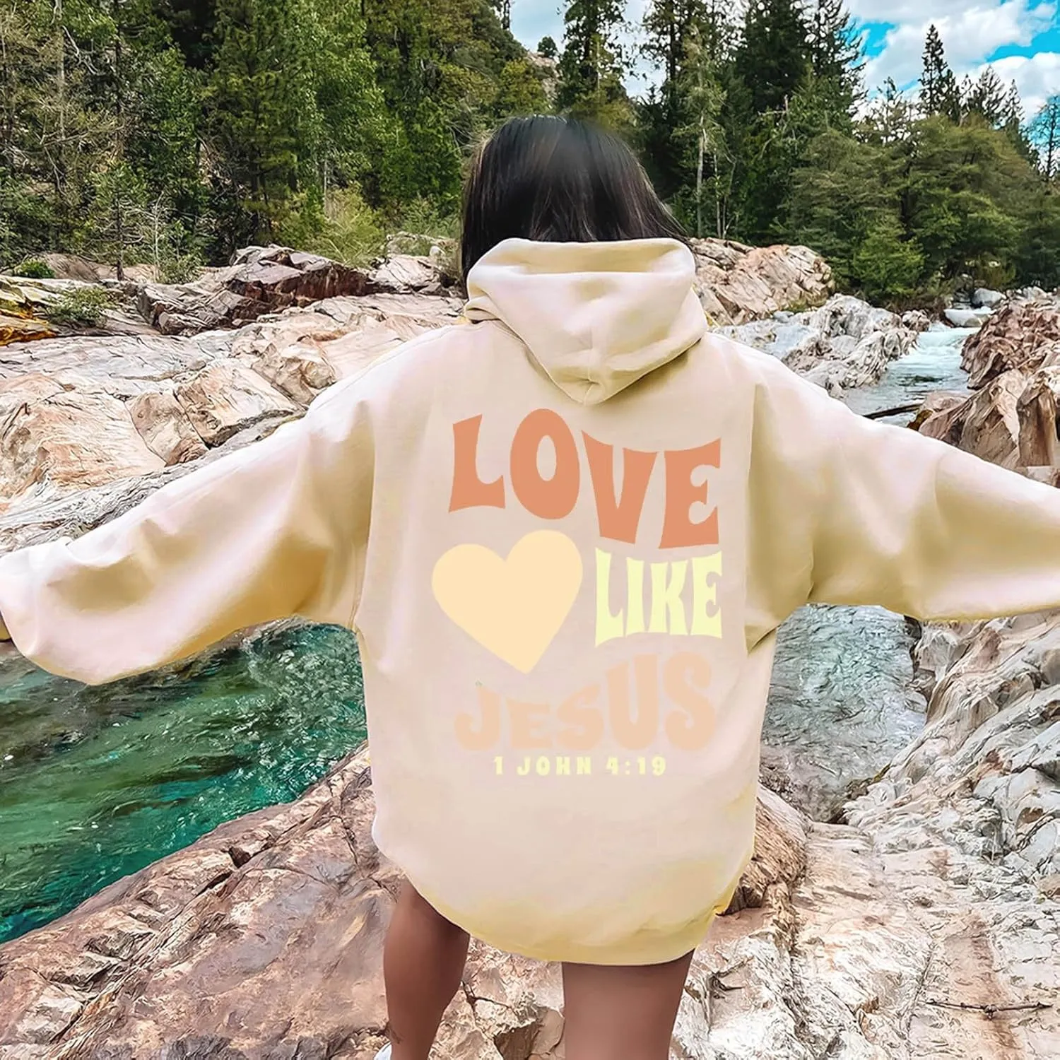 Christian Hoodies for Women Bible Verse Jesus Loves You Letter Graphic Oversized Long Sleeve Pockets Drawstring Sweatshirts