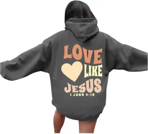 Christian Hoodies for Women Bible Verse Jesus Loves You Letter Graphic Oversized Long Sleeve Pockets Drawstring Sweatshirts