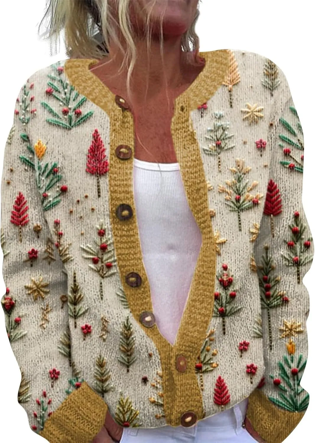 Christmas Sweaters for Women Funny Xmas Tree Print Button Up Cardigans Fall Winter Vintage Knitted (Yellow 2, L)