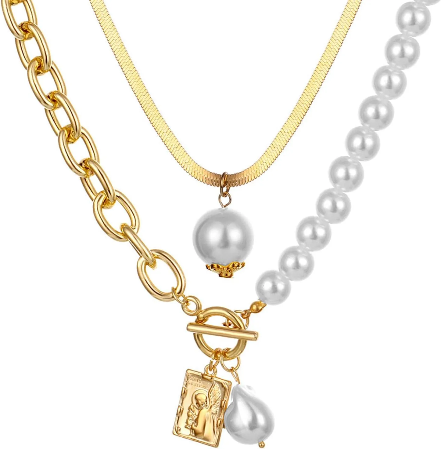 Chunky Gold Layered Choker Necklaces for Women,Vintage Silver Baroque Pearl Pendant Necklaces Set Herringbone Chain Collar Necklaces Jewelry Gifts