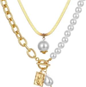 Chunky Gold Layered Choker Necklaces for Women,Vintage Silver Baroque Pearl Pendant Necklaces Set Herringbone Chain Collar Necklaces Jewelry Gifts