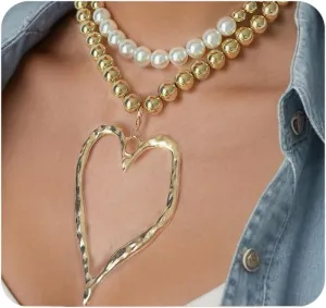 Chunky Large Heart Beaded Choker Necklaces for Women Y2k Statement Love Pearl Pendant Necklaces Layered Heart Cuban Link Chain Necklaces Jewelry