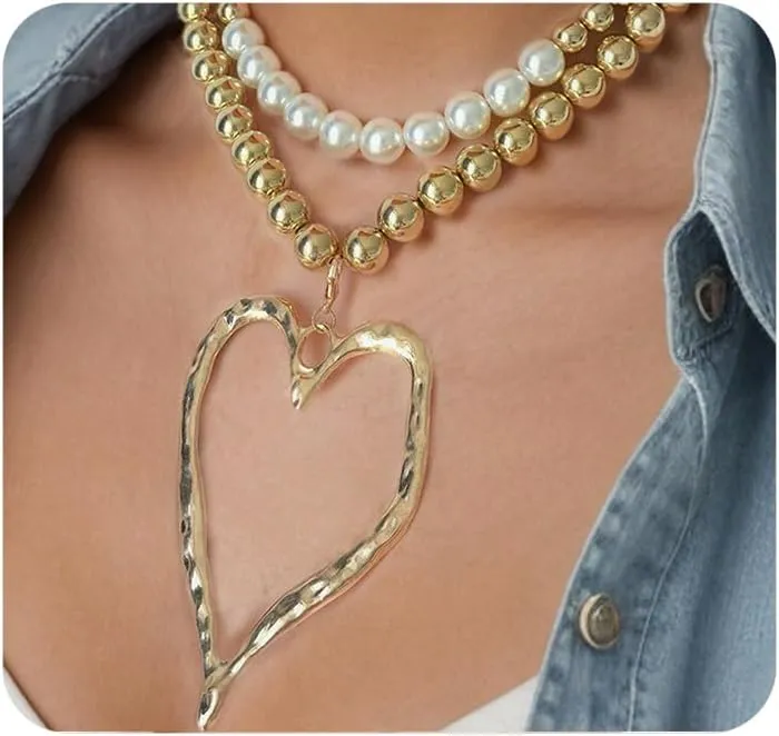 Chunky Large Heart Beaded Choker Necklaces for Women Y2k Statement Love Pearl Pendant Necklaces Layered Heart Cuban Link Chain Necklaces Jewelry