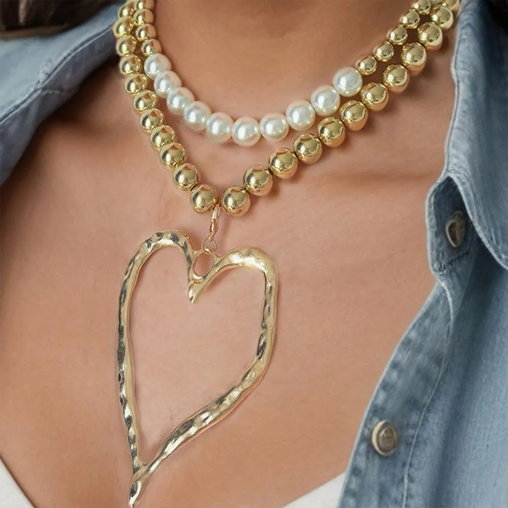 Chunky Large Heart Beaded Choker Necklaces for Women Y2k Statement Love Pearl Pendant Necklaces Layered Heart Cuban Link Chain Necklaces Jewelry