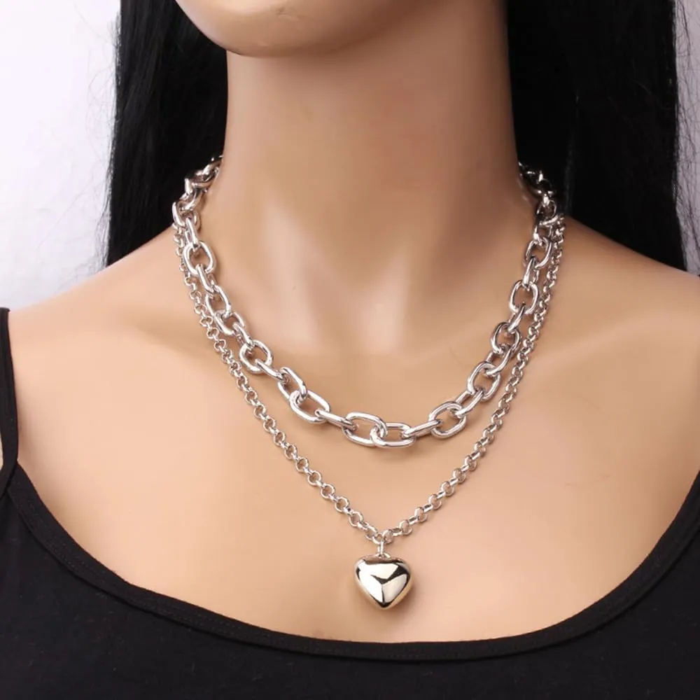 Chunky Layered Gold Heart Pendant Necklaces for Women Double Layer Heart Chain Choker Necklaces Adjustable Thick Love Link Necklaces Jewelry Gifts