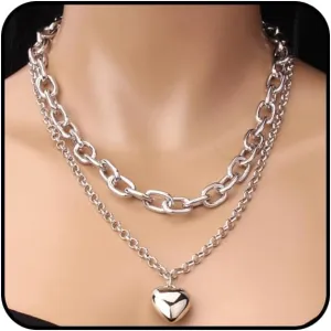 Chunky Layered Gold Heart Pendant Necklaces for Women Double Layer Heart Chain Choker Necklaces Adjustable Thick Love Link Necklaces Jewelry Gifts