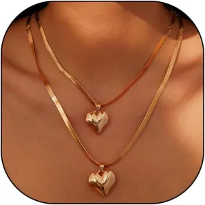 Chunky Layered Gold Heart Pendant Necklaces Set for Women Double Love Herringbone Choker Necklaces Adjustable Snake Bone Chain Necklaces Jewelry Gifts