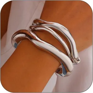 CJIAYUJEW 3PCS Gold Bangles for Women Chunky Bangles Bracelet Stack Statement Bangle Non Tarnish Silver Bracelet Fashion Jewelry for Women