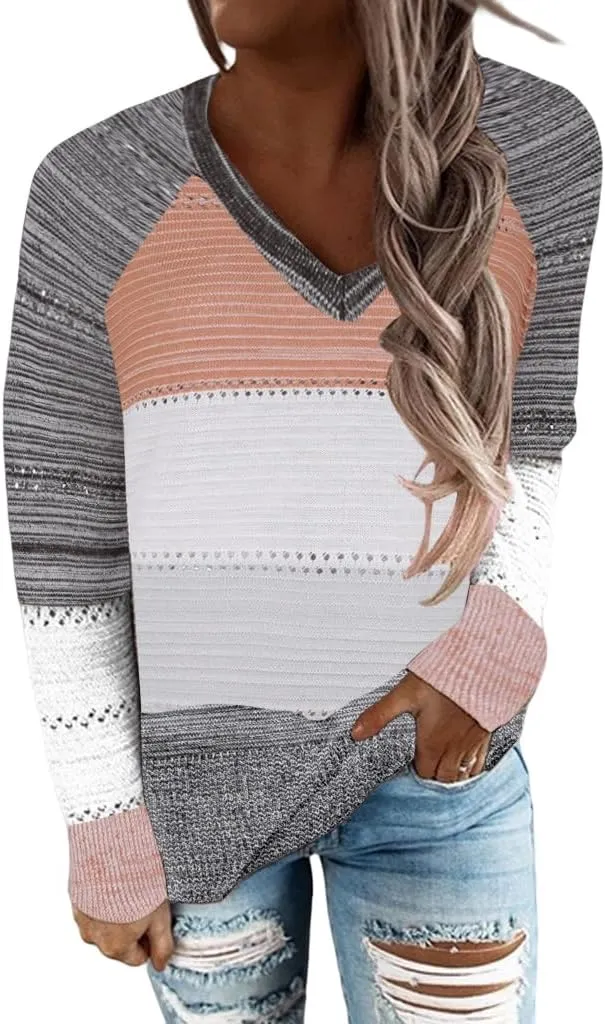 Color Block Crochet Sweaters for Women Casual Long Sleeve Striped Knit Sweatshirt Pullover Trendy Fall Tops