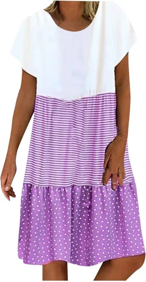Colorblock Midi Dress for Women 2025 Summer Short Sleeve Loose Tshirt Dress Casual Crewneck Tiered Flowy Sundress