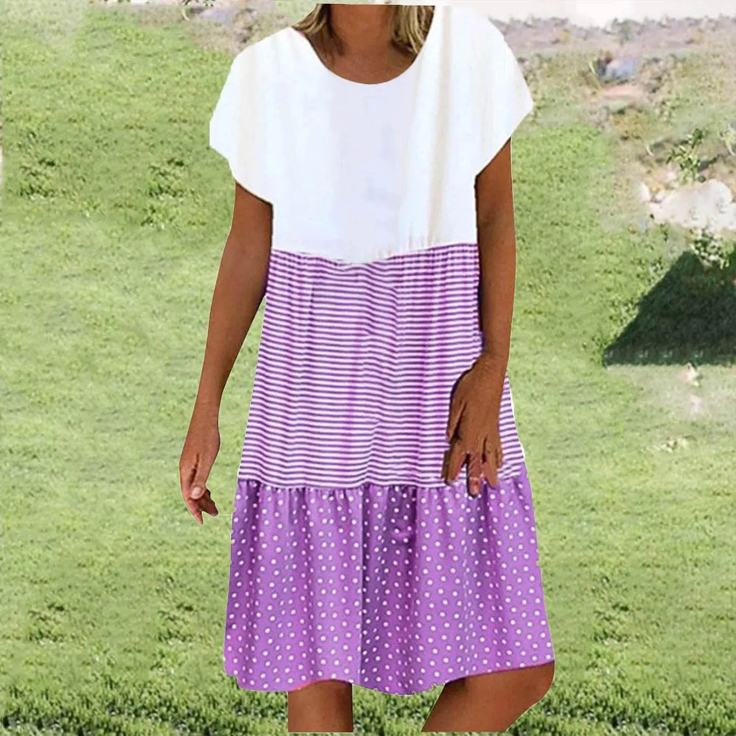 Colorblock Midi Dress for Women 2025 Summer Short Sleeve Loose Tshirt Dress Casual Crewneck Tiered Flowy Sundress