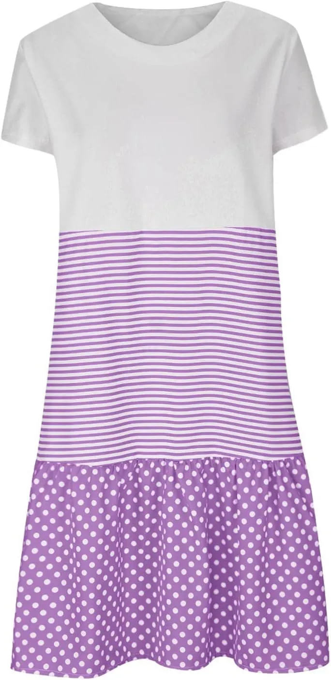 Colorblock Midi Dress for Women 2025 Summer Short Sleeve Loose Tshirt Dress Casual Crewneck Tiered Flowy Sundress