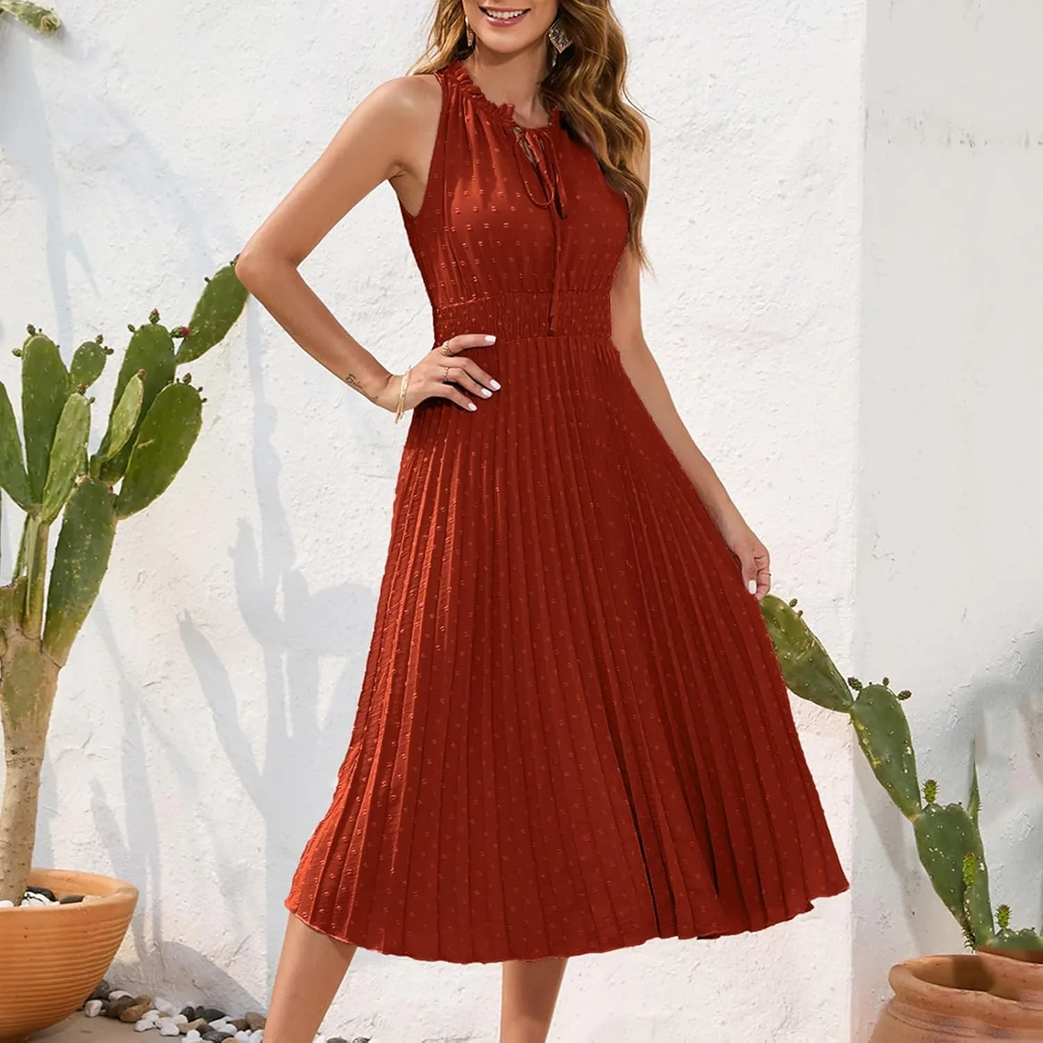 COTECRAM Women's 2025 Summer Casual Elegant Dresses Beach Party Swiss Dot Sleeveless V Neck Flowy A Line Midi Sundress