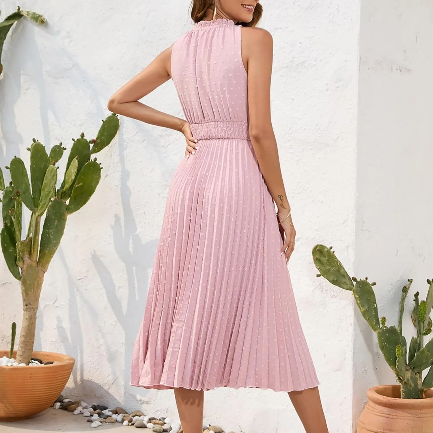COTECRAM Women's 2025 Summer Casual Elegant Dresses Beach Party Swiss Dot Sleeveless V Neck Flowy A Line Midi Sundress