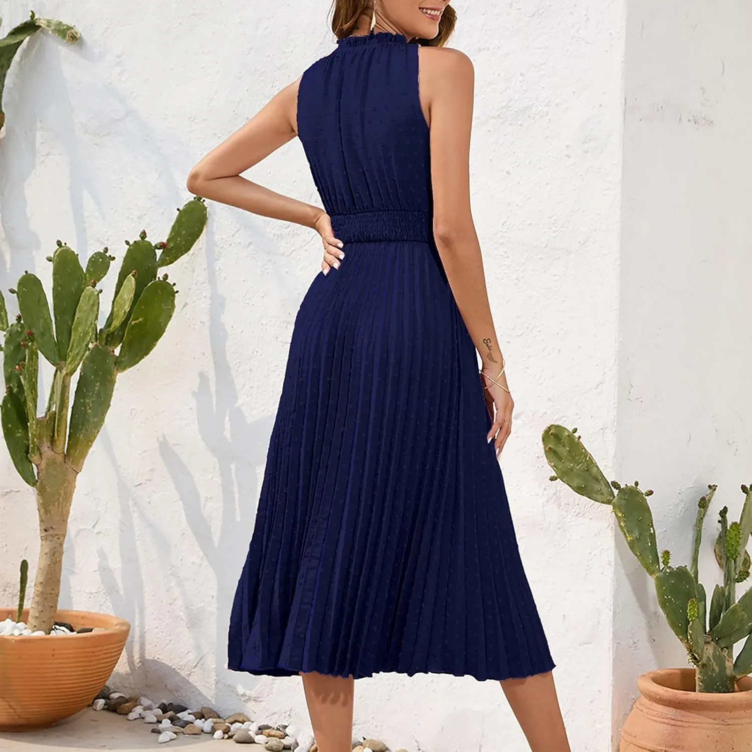 COTECRAM Women's 2025 Summer Casual Elegant Dresses Beach Party Swiss Dot Sleeveless V Neck Flowy A Line Midi Sundress