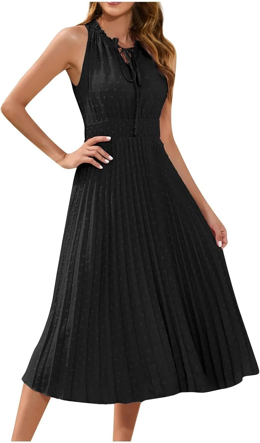 COTECRAM Women's 2025 Summer Casual Elegant Dresses Beach Party Swiss Dot Sleeveless V Neck Flowy A Line Midi Sundress