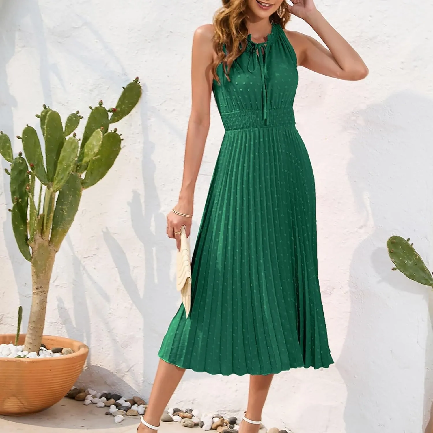 COTECRAM Women's 2025 Summer Casual Elegant Dresses Beach Party Swiss Dot Sleeveless V Neck Flowy A Line Midi Sundress