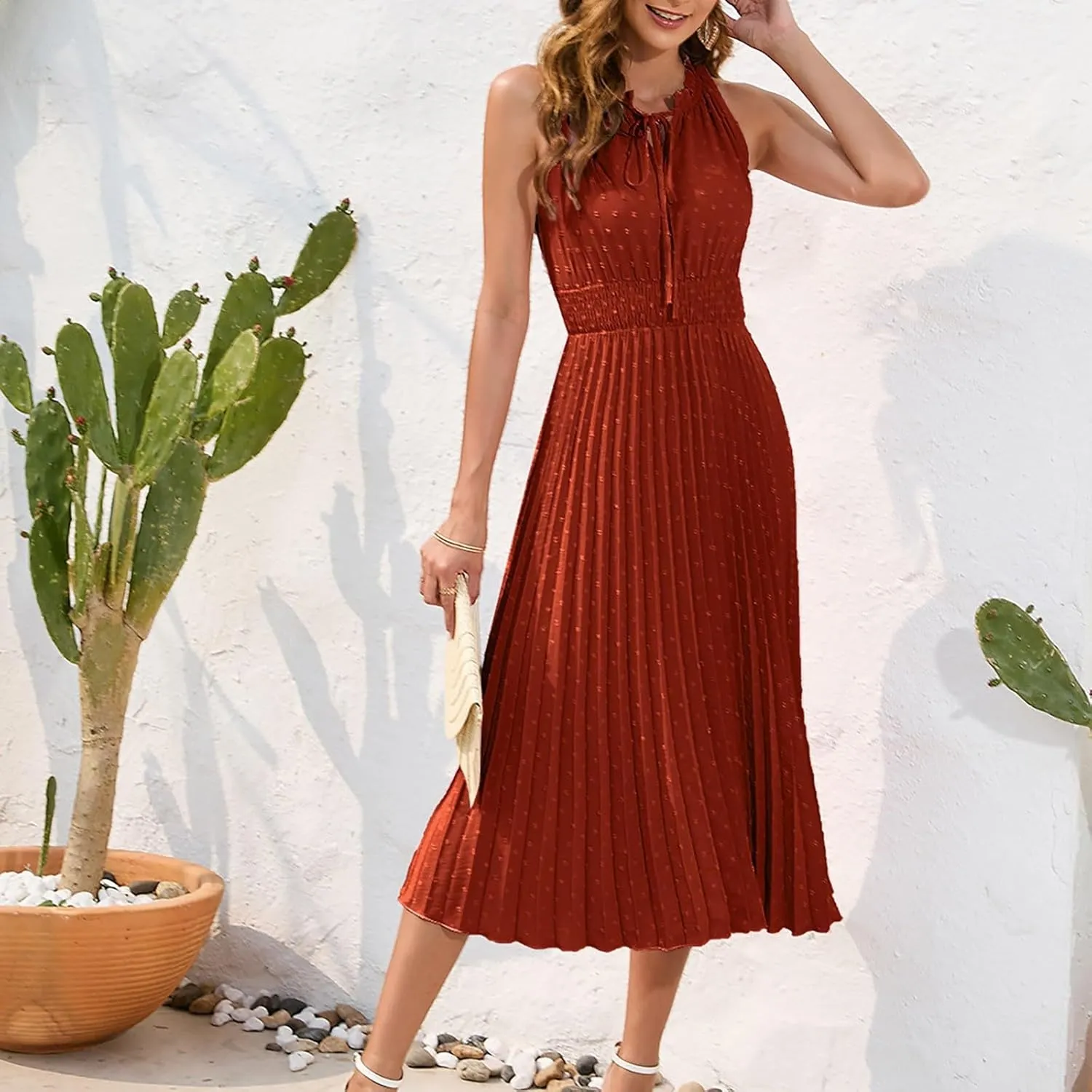 COTECRAM Women's 2025 Summer Casual Elegant Dresses Beach Party Swiss Dot Sleeveless V Neck Flowy A Line Midi Sundress
