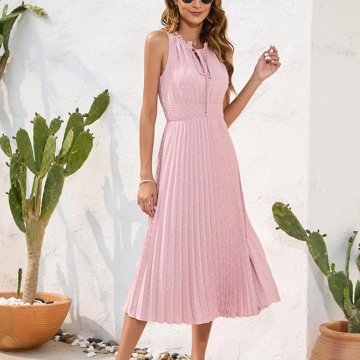 COTECRAM Women's 2025 Summer Casual Elegant Dresses Beach Party Swiss Dot Sleeveless V Neck Flowy A Line Midi Sundress