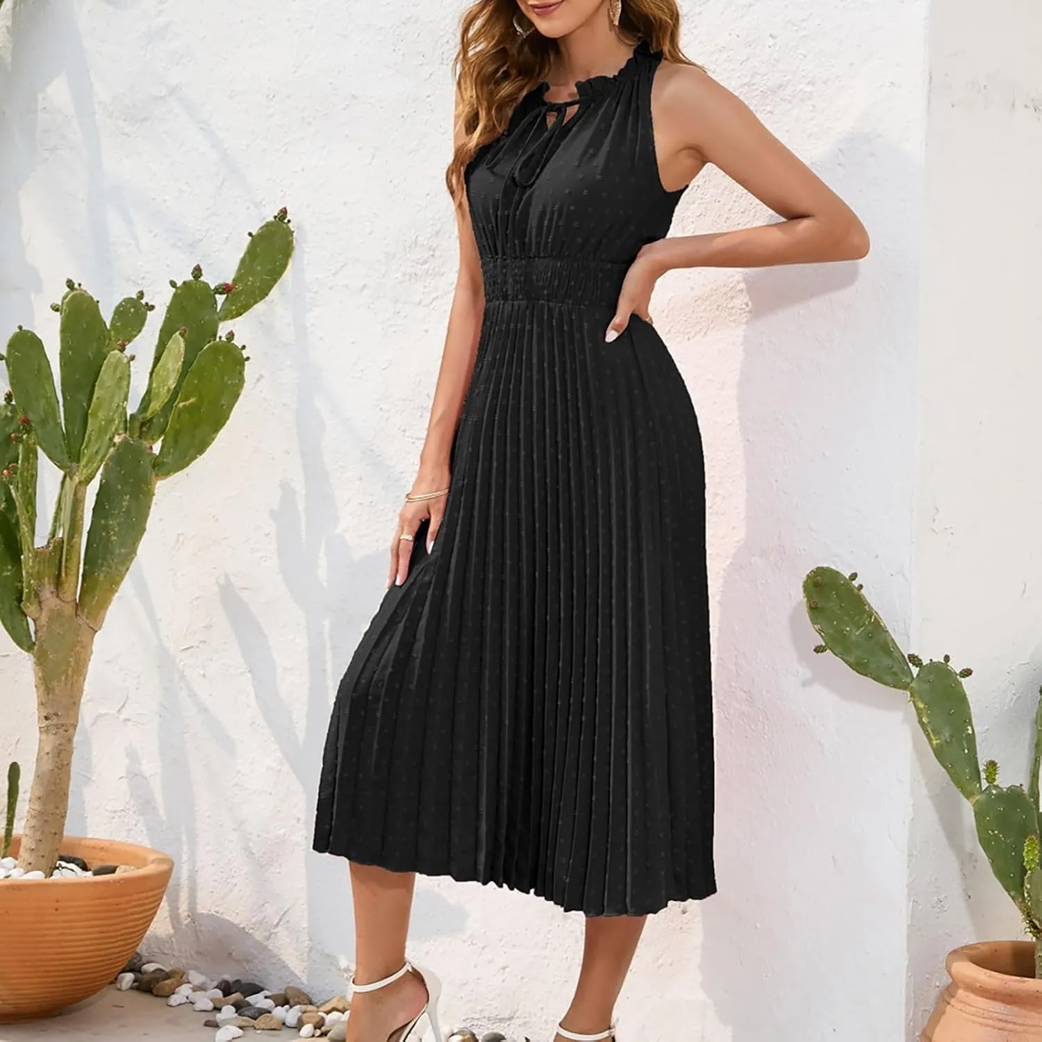 COTECRAM Women's 2025 Summer Casual Elegant Dresses Beach Party Swiss Dot Sleeveless V Neck Flowy A Line Midi Sundress