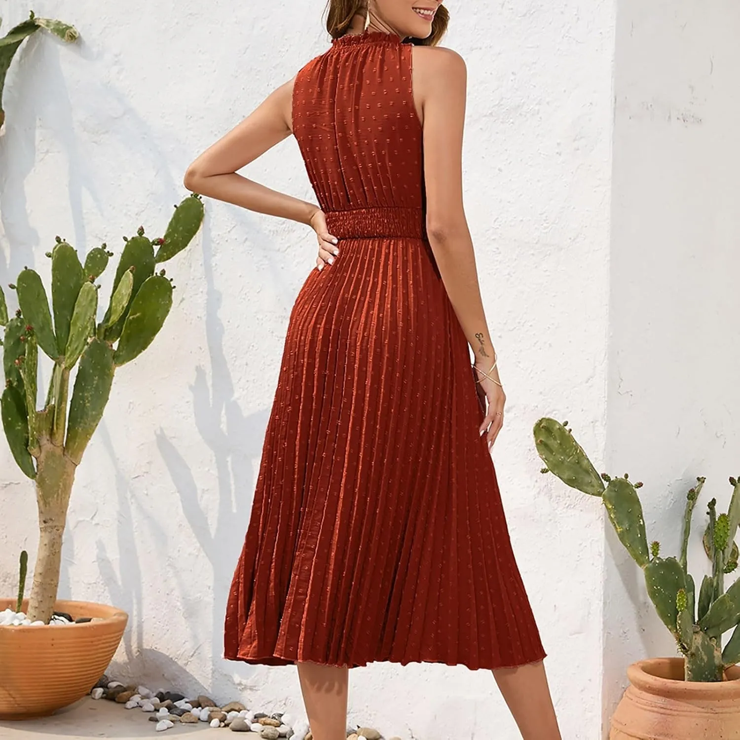 COTECRAM Women's 2025 Summer Casual Elegant Dresses Beach Party Swiss Dot Sleeveless V Neck Flowy A Line Midi Sundress