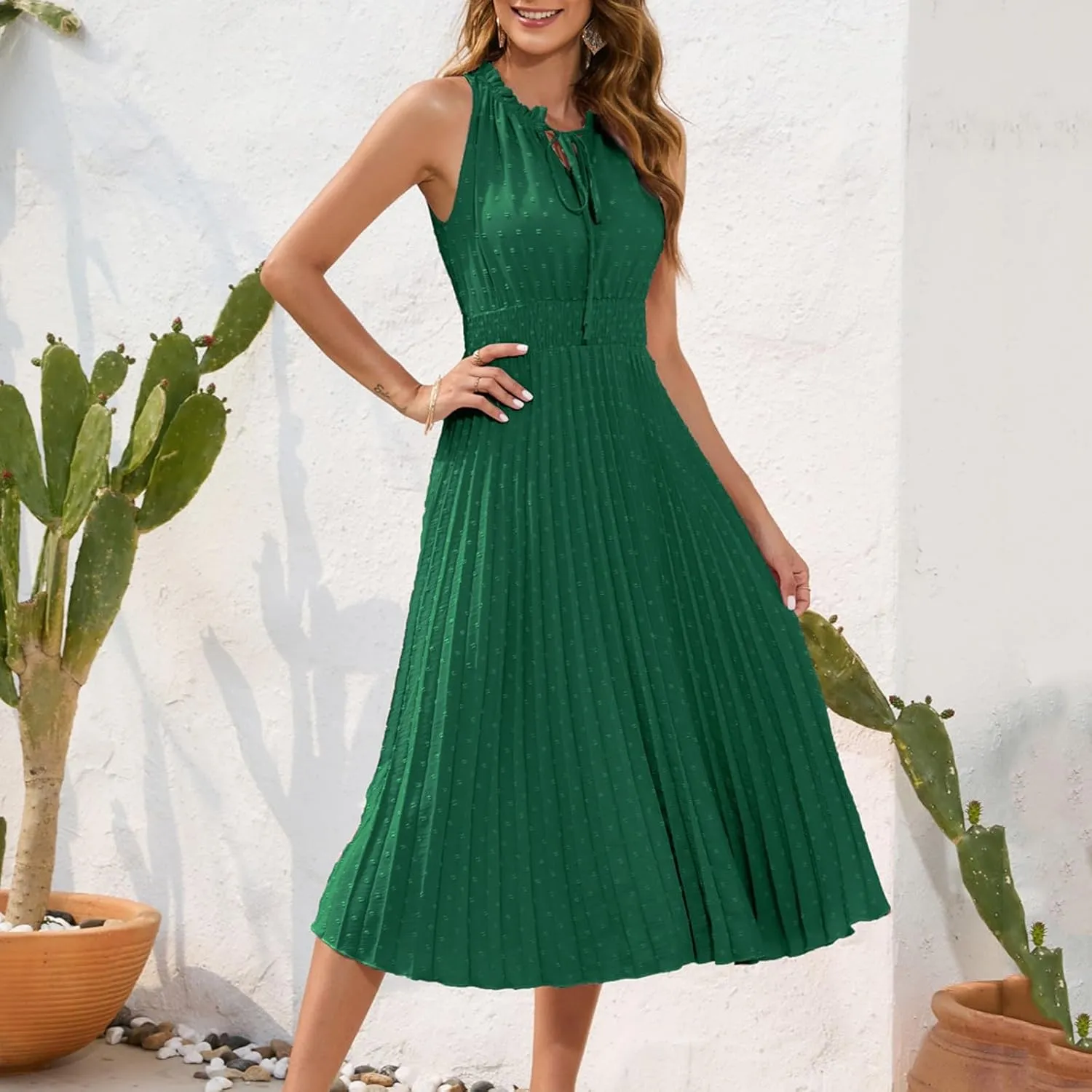 COTECRAM Women's 2025 Summer Casual Elegant Dresses Beach Party Swiss Dot Sleeveless V Neck Flowy A Line Midi Sundress