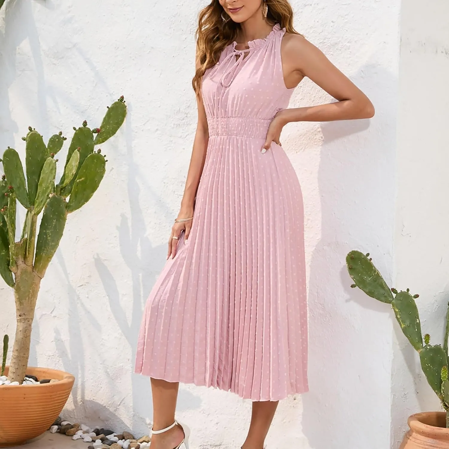 COTECRAM Women's 2025 Summer Casual Elegant Dresses Beach Party Swiss Dot Sleeveless V Neck Flowy A Line Midi Sundress