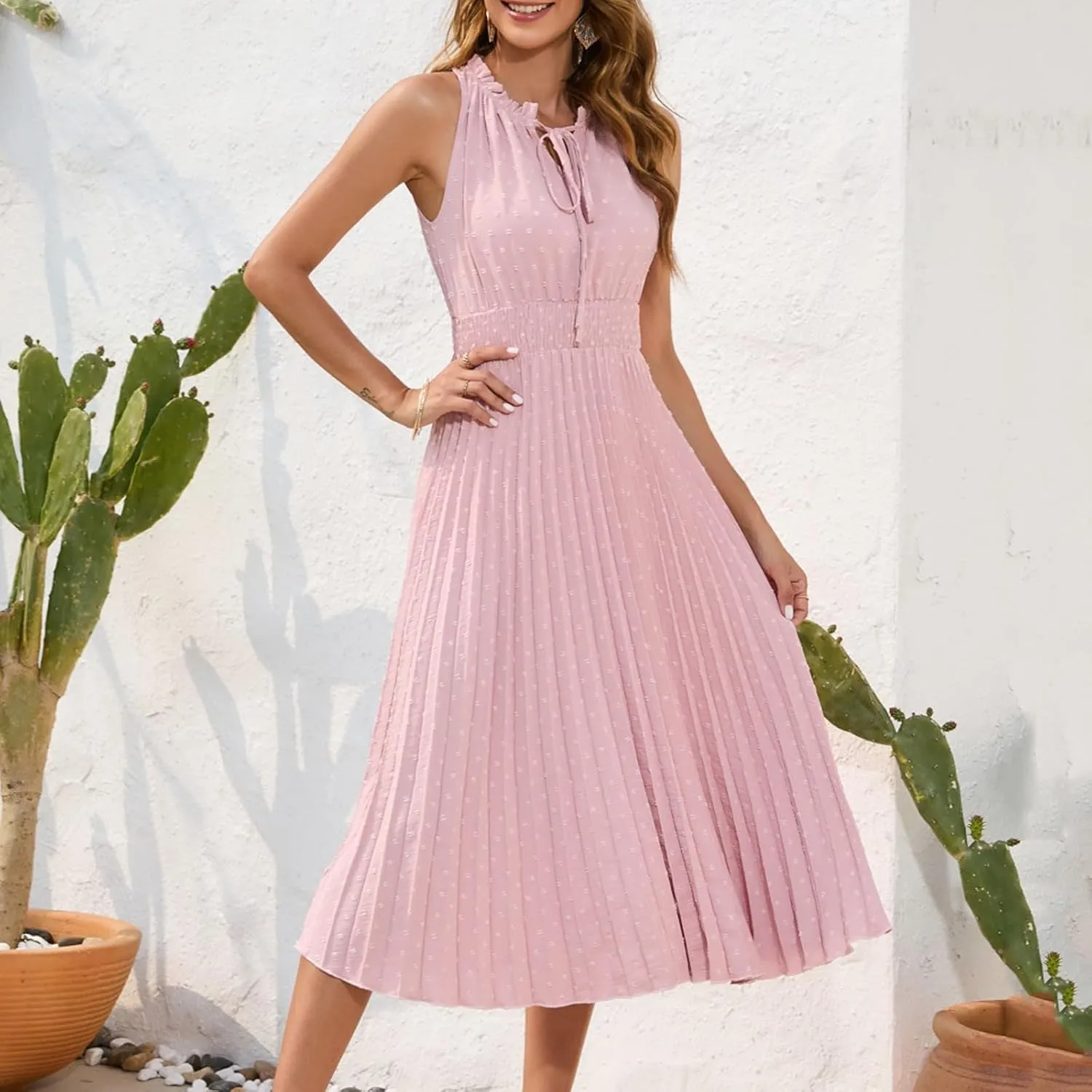 COTECRAM Women's 2025 Summer Casual Elegant Dresses Beach Party Swiss Dot Sleeveless V Neck Flowy A Line Midi Sundress