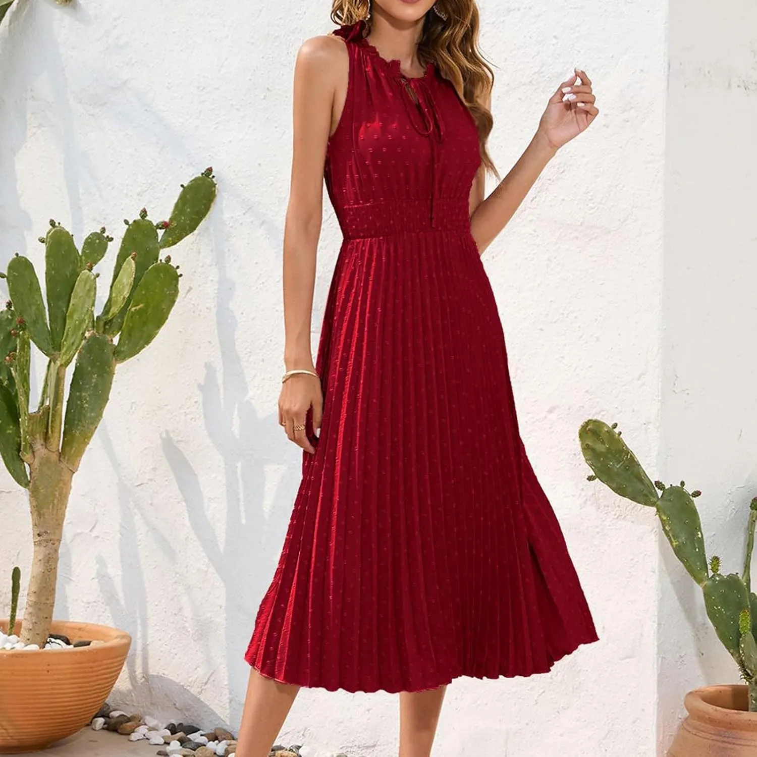 COTECRAM Women's 2025 Summer Casual Elegant Dresses Beach Party Swiss Dot Sleeveless V Neck Flowy A Line Midi Sundress