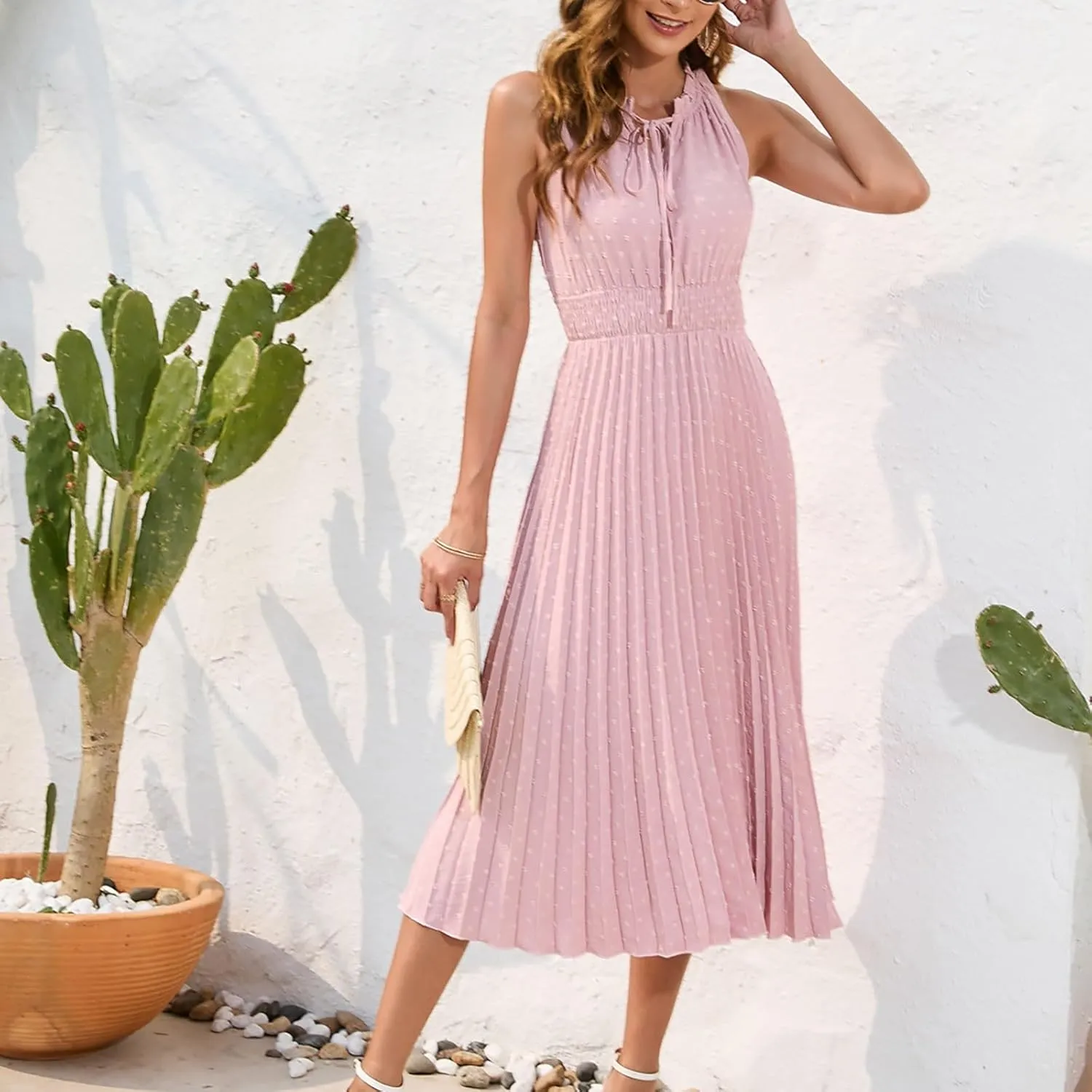 COTECRAM Women's 2025 Summer Casual Elegant Dresses Beach Party Swiss Dot Sleeveless V Neck Flowy A Line Midi Sundress