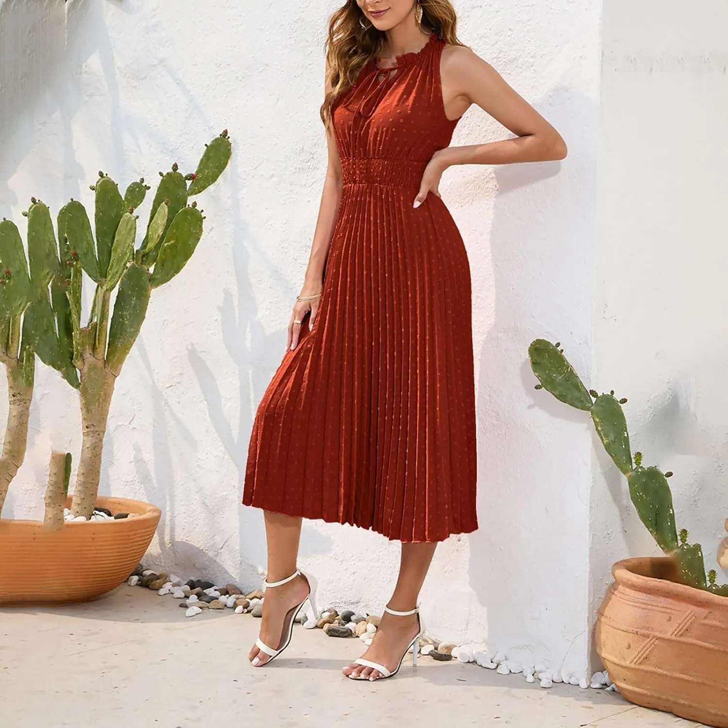 COTECRAM Women's 2025 Summer Casual Elegant Dresses Beach Party Swiss Dot Sleeveless V Neck Flowy A Line Midi Sundress