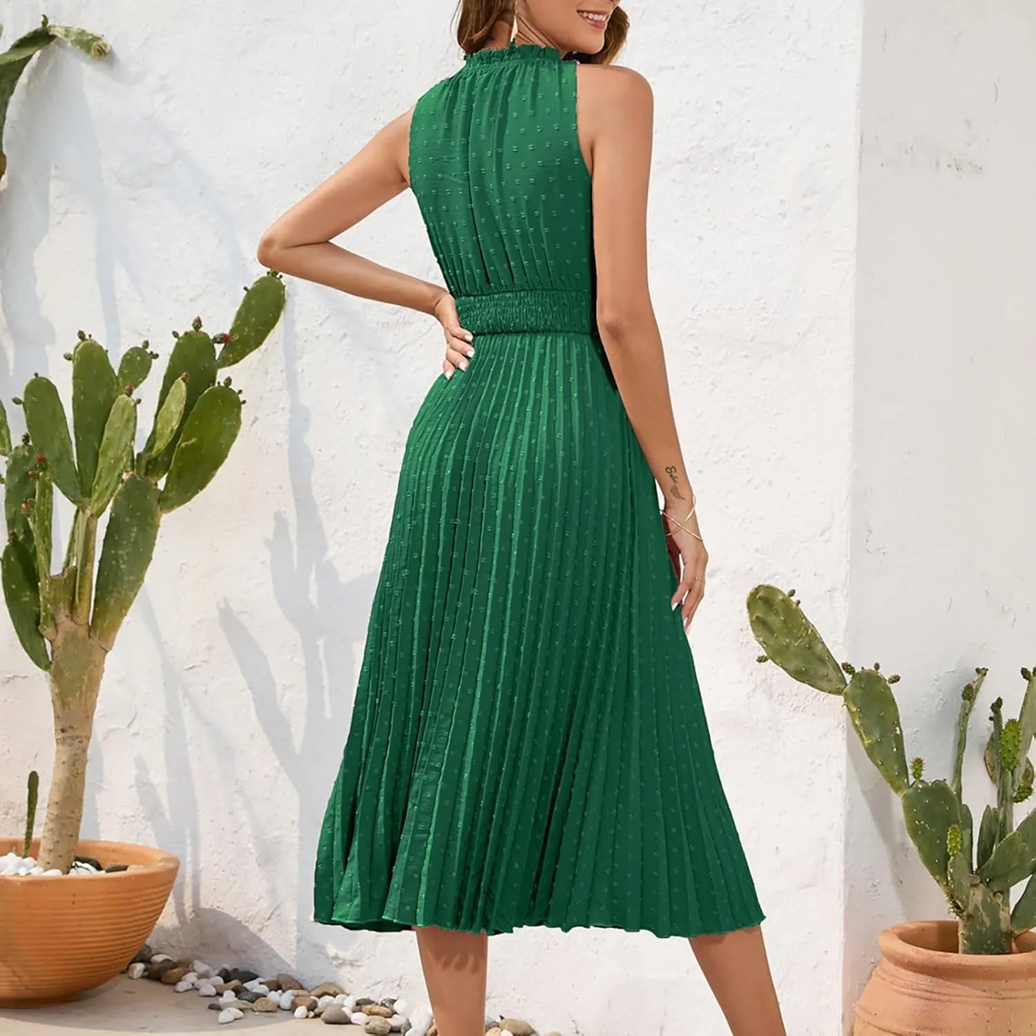 COTECRAM Women's 2025 Summer Casual Elegant Dresses Beach Party Swiss Dot Sleeveless V Neck Flowy A Line Midi Sundress