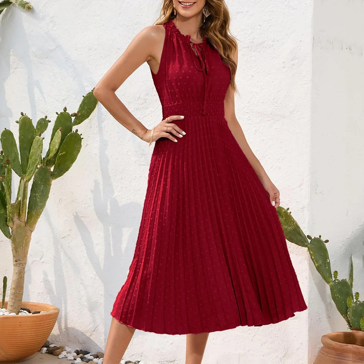 COTECRAM Women's 2025 Summer Casual Elegant Dresses Beach Party Swiss Dot Sleeveless V Neck Flowy A Line Midi Sundress