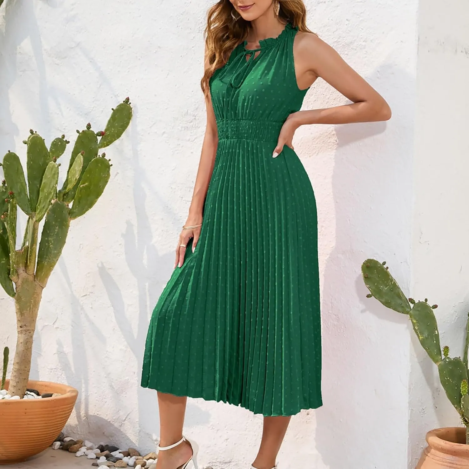 COTECRAM Women's 2025 Summer Casual Elegant Dresses Beach Party Swiss Dot Sleeveless V Neck Flowy A Line Midi Sundress