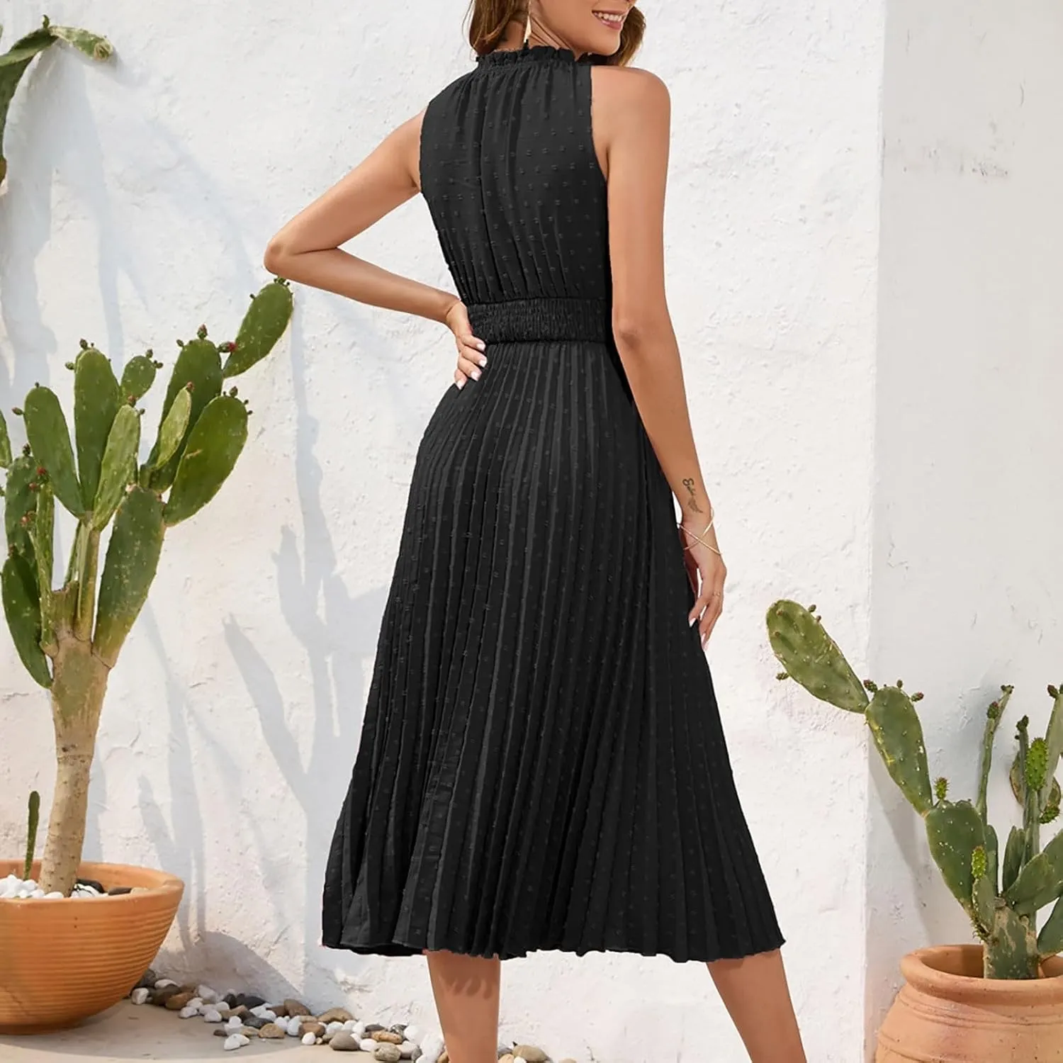 COTECRAM Women's 2025 Summer Casual Elegant Dresses Beach Party Swiss Dot Sleeveless V Neck Flowy A Line Midi Sundress