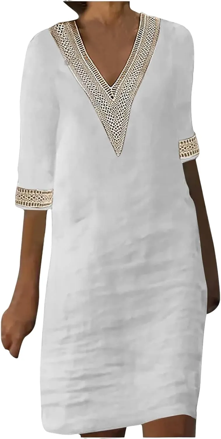 Cotton Linen Dresses for Women Lace V Neck 3/4 Sleeve Knee Length Shift Dresses Trendy Elegant Plain Beach Midi Dress