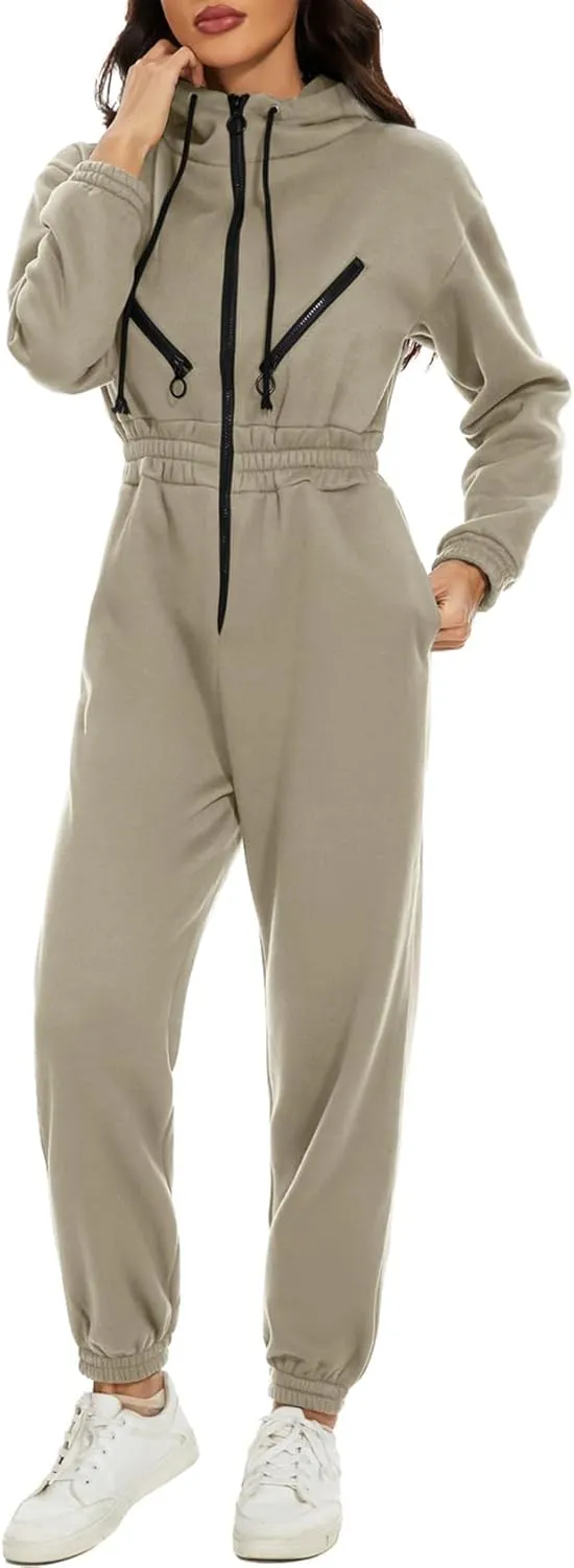 COZYPOIN Women Fleece Jumpsuits One Piece Outfits Hooded Sweatshirt Set High Waist Ladies Jumpsuit
