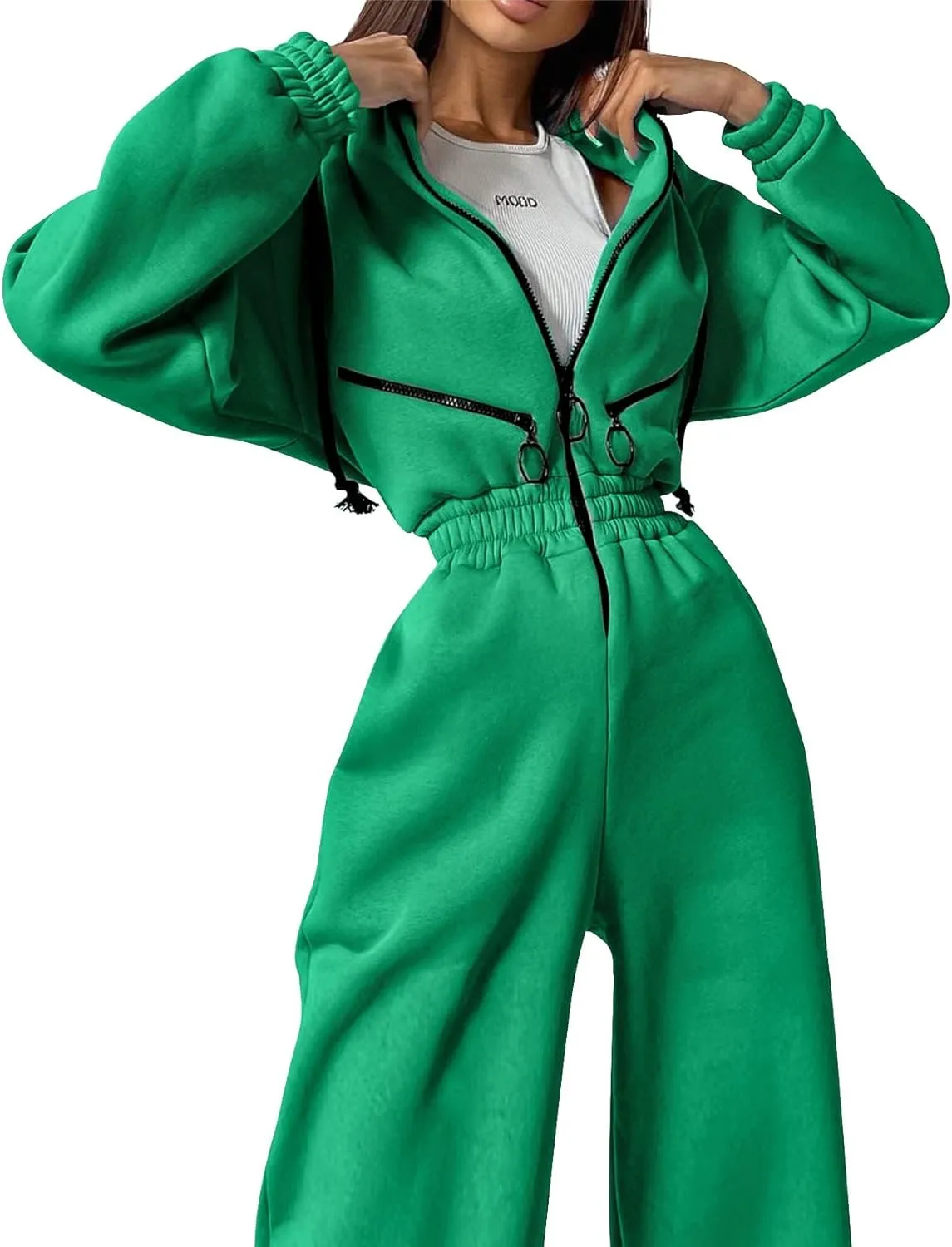 COZYPOIN Women Fleece Jumpsuits One Piece Outfits Hooded Sweatshirt Set High Waist Ladies Jumpsuit
