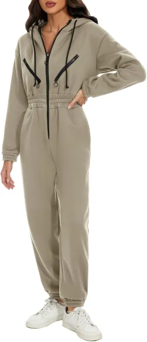 COZYPOIN Women Fleece Jumpsuits One Piece Outfits Hooded Sweatshirt Set High Waist Ladies Jumpsuit