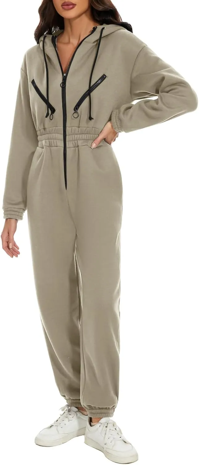 COZYPOIN Women Fleece Jumpsuits One Piece Outfits Hooded Sweatshirt Set High Waist Ladies Jumpsuit