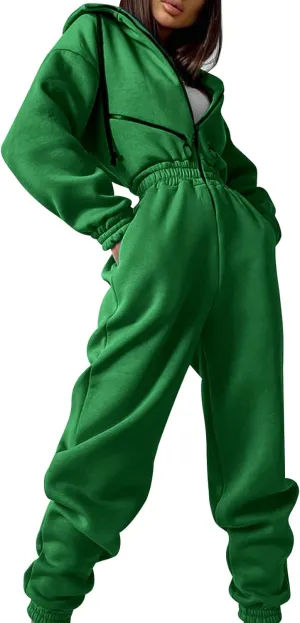 COZYPOIN Women Fleece Jumpsuits One Piece Outfits Hooded Sweatshirt Set High Waist Ladies Jumpsuit