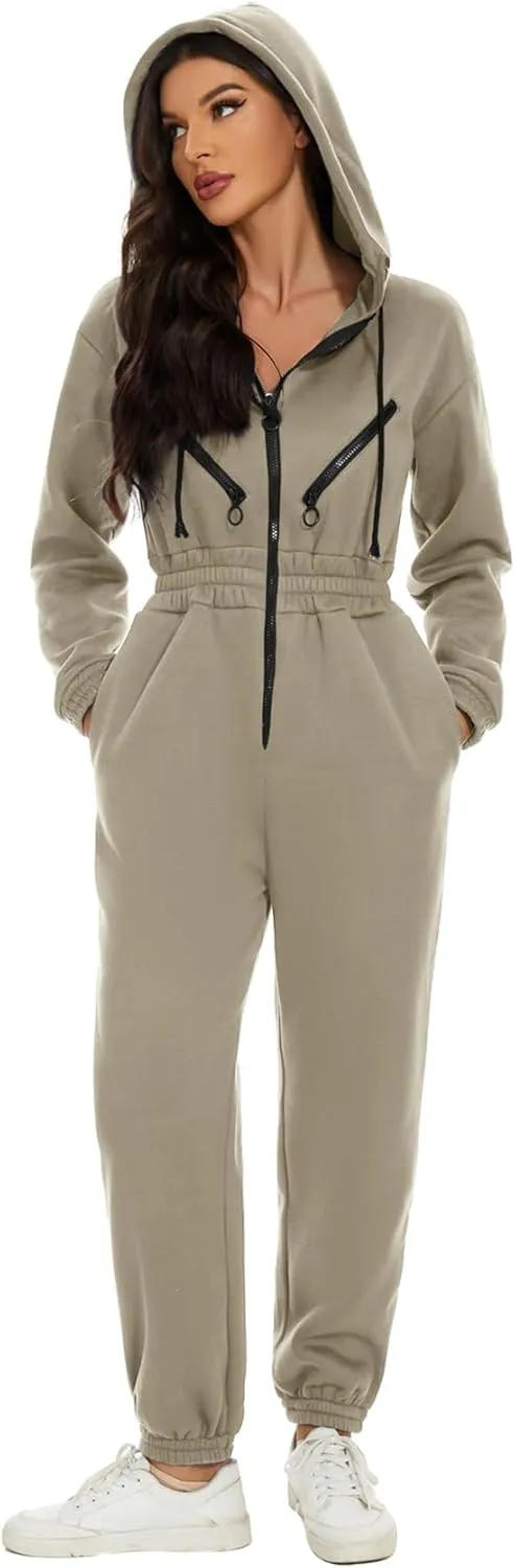 COZYPOIN Women Fleece Jumpsuits One Piece Outfits Hooded Sweatshirt Set High Waist Ladies Jumpsuit