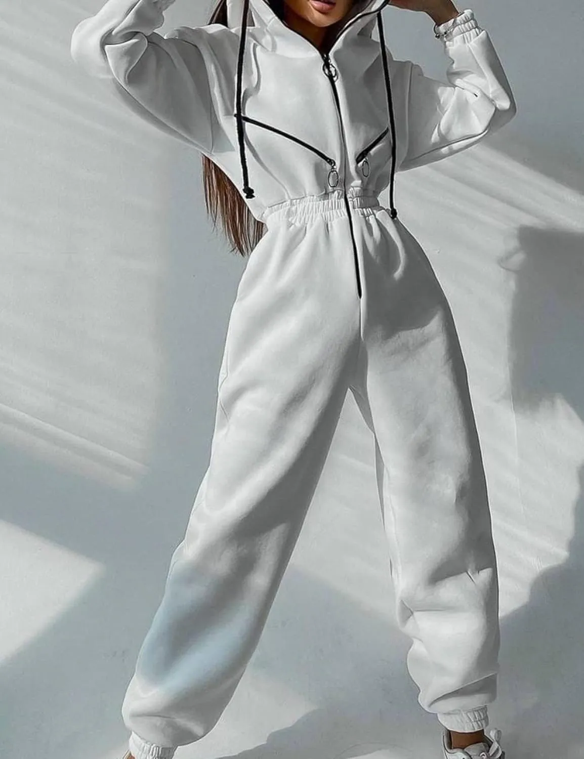 COZYPOIN Women Fleece Jumpsuits One Piece Outfits Hooded Sweatshirt Set High Waist Ladies Jumpsuit