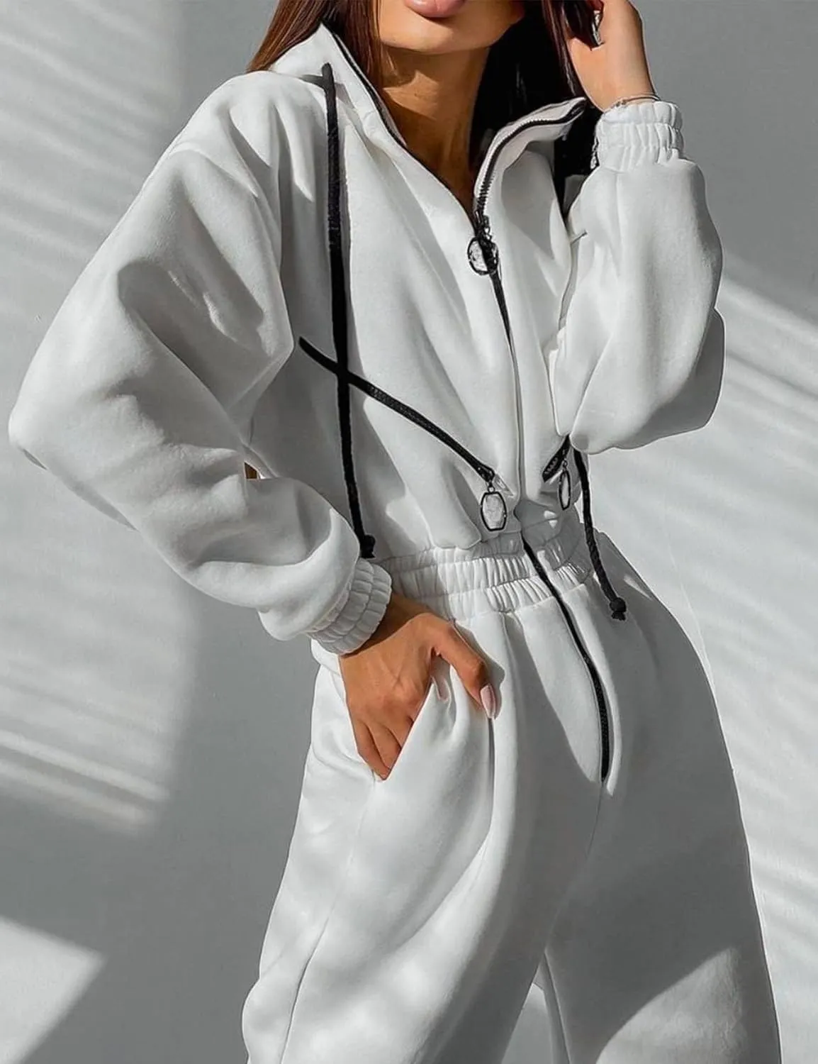 COZYPOIN Women Fleece Jumpsuits One Piece Outfits Hooded Sweatshirt Set High Waist Ladies Jumpsuit
