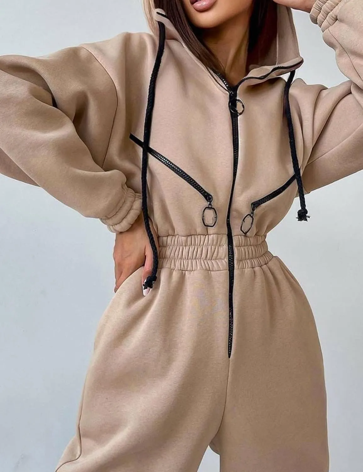 COZYPOIN Women Fleece Jumpsuits One Piece Outfits Hooded Sweatshirt Set High Waist Ladies Jumpsuit