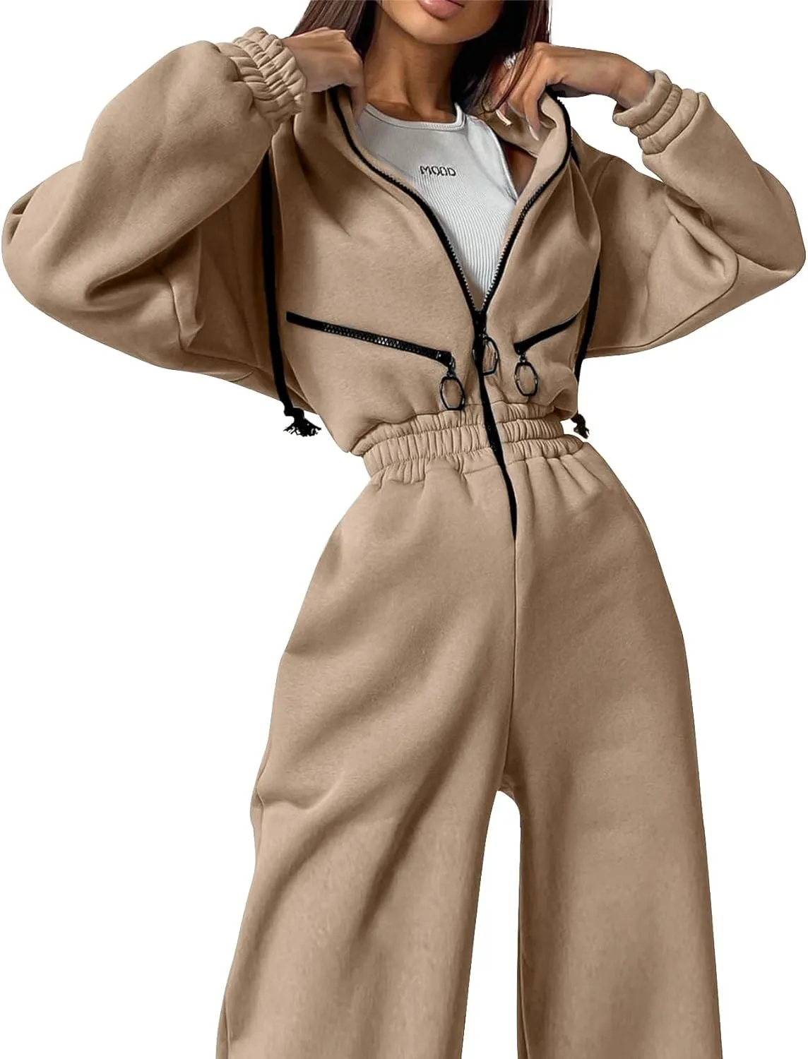 COZYPOIN Women Fleece Jumpsuits One Piece Outfits Hooded Sweatshirt Set High Waist Ladies Jumpsuit